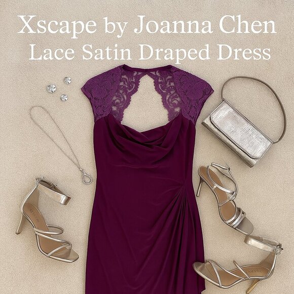XSCAPE by Joanna Chen Lace Satin Draped Dress Plum Purple Formal Ruched Size 8 - Picture 1 of 16